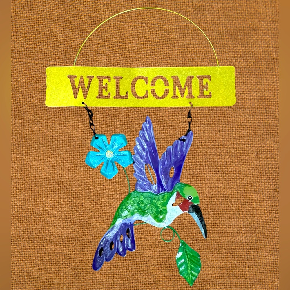 Hand crafted painted Welcome sign metal hummingbird door hanger garden decor